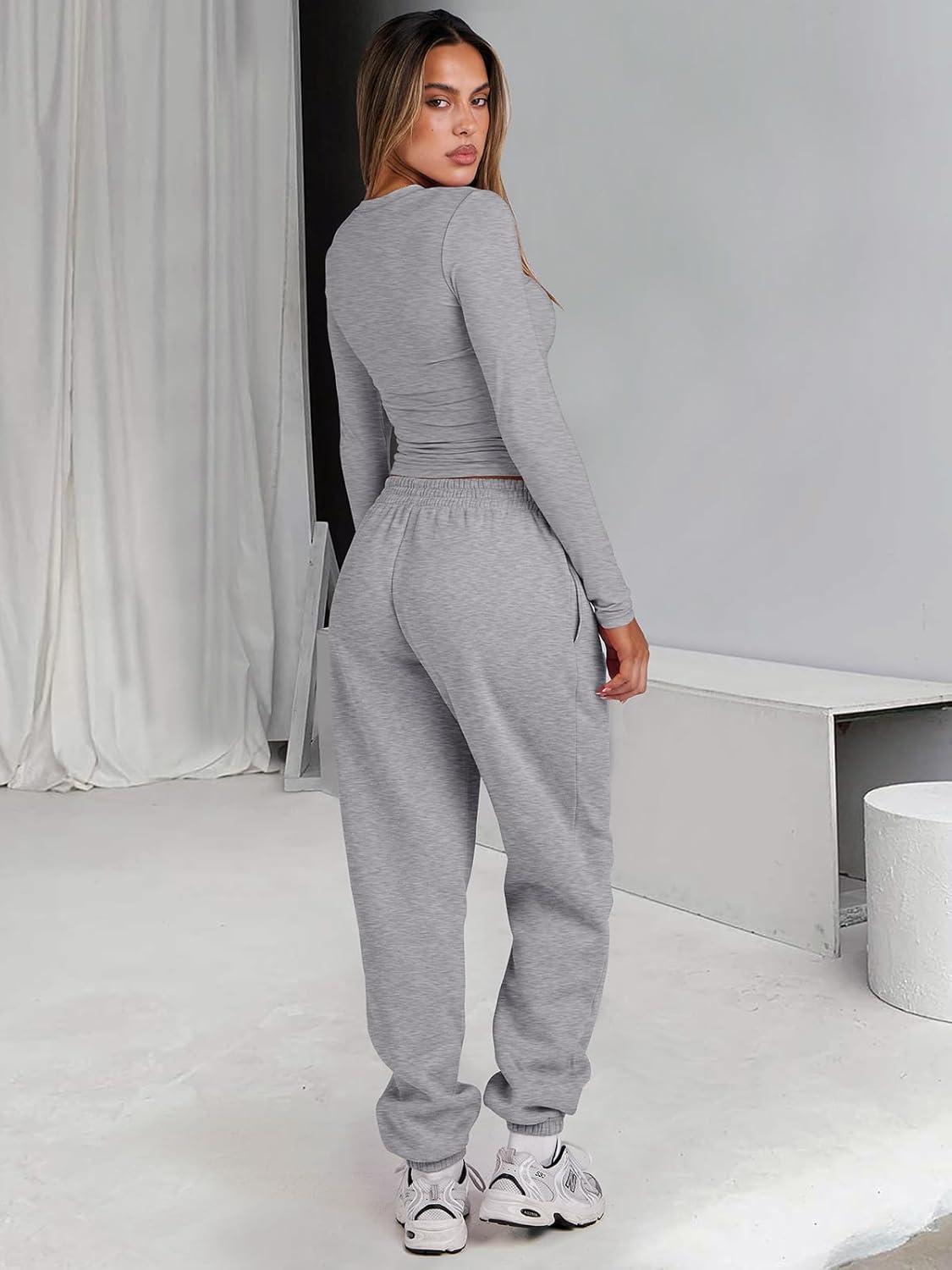 imageANRABESS Womens 2 Piece Sweatsuits Long Sleeve Tight Shirt Tops Joggers Fleece Sweatpants Sets 2025 Fall Sweat Lounge OutfitsGrey