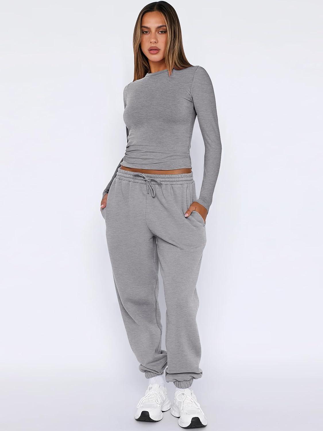 imageANRABESS Womens 2 Piece Sweatsuits Long Sleeve Tight Shirt Tops Joggers Fleece Sweatpants Sets 2025 Fall Sweat Lounge OutfitsGrey