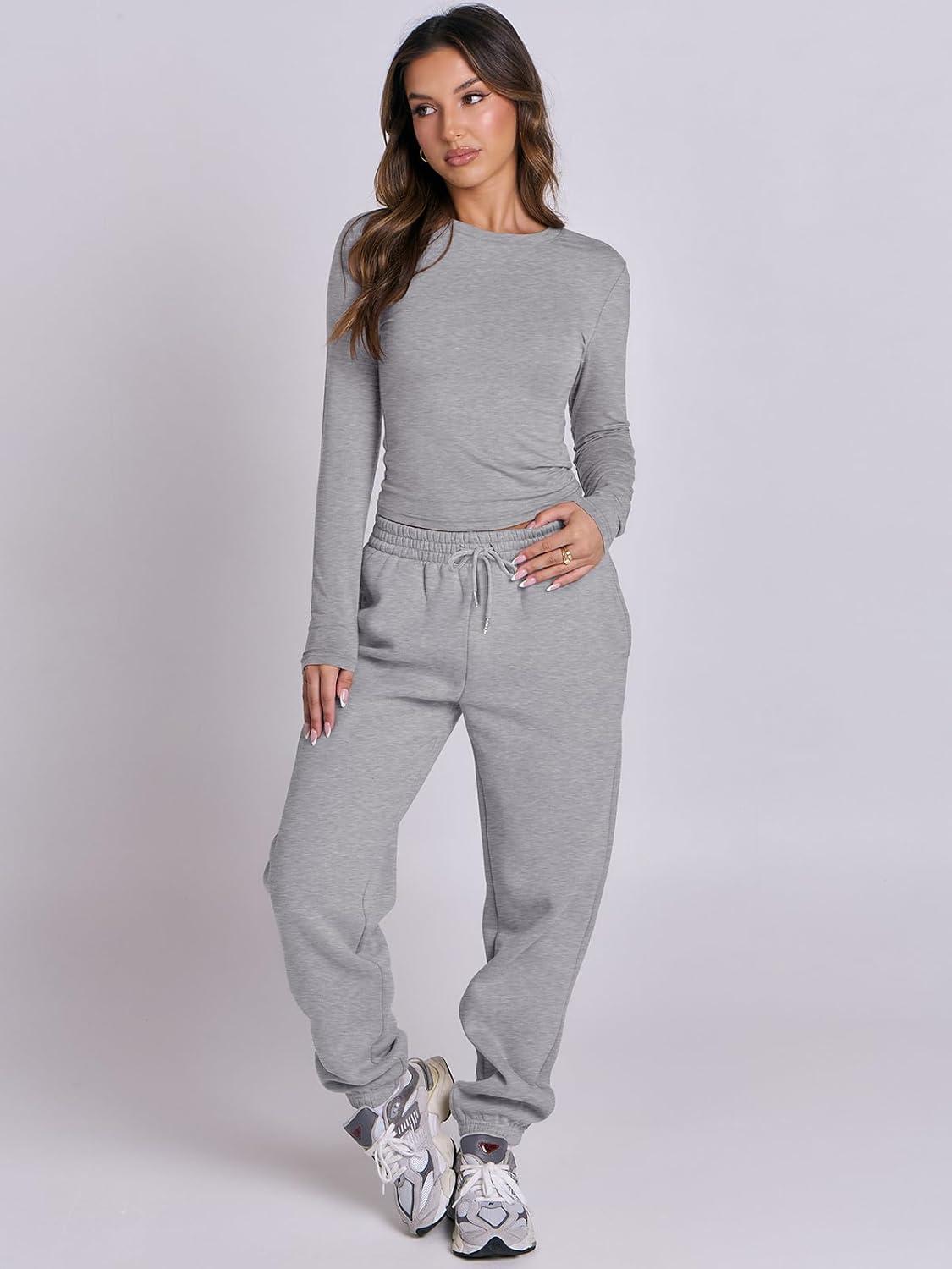 imageANRABESS Womens 2 Piece Sweatsuits Long Sleeve Tight Shirt Tops Joggers Fleece Sweatpants Sets 2025 Fall Sweat Lounge OutfitsGrey