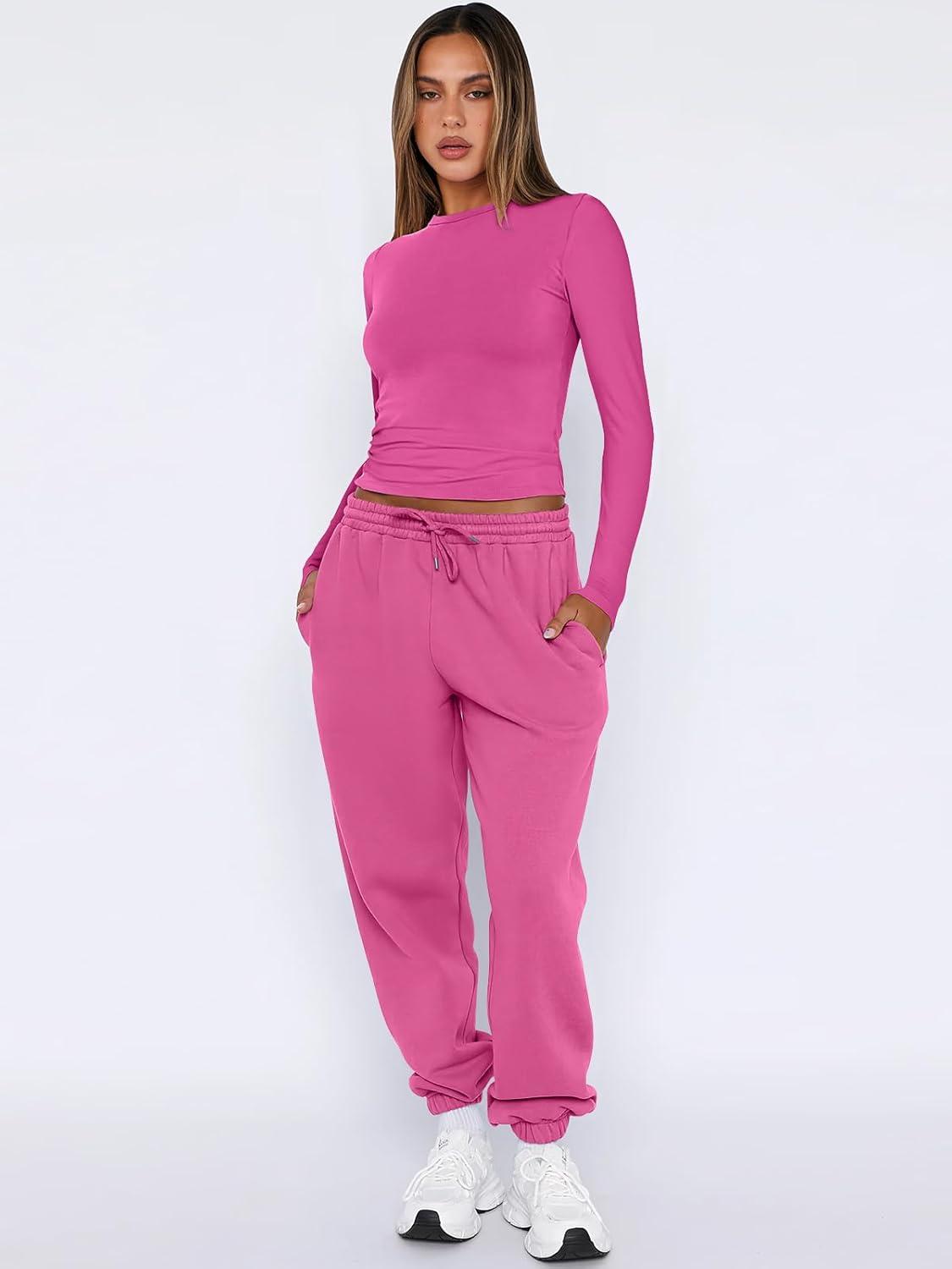 imageANRABESS Womens 2 Piece Sweatsuits Long Sleeve Tight Shirt Tops Joggers Fleece Sweatpants Sets 2025 Fall Sweat Lounge OutfitsHot Pink
