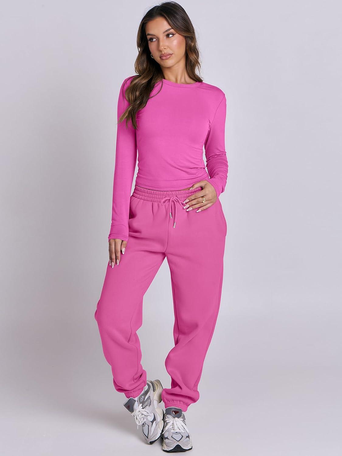 imageANRABESS Womens 2 Piece Sweatsuits Long Sleeve Tight Shirt Tops Joggers Fleece Sweatpants Sets 2025 Fall Sweat Lounge OutfitsHot Pink