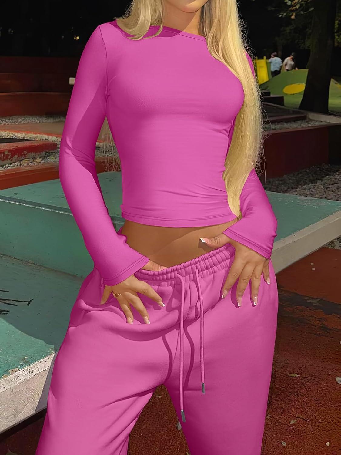 imageANRABESS Womens 2 Piece Sweatsuits Long Sleeve Tight Shirt Tops Joggers Fleece Sweatpants Sets 2025 Fall Sweat Lounge OutfitsHot Pink