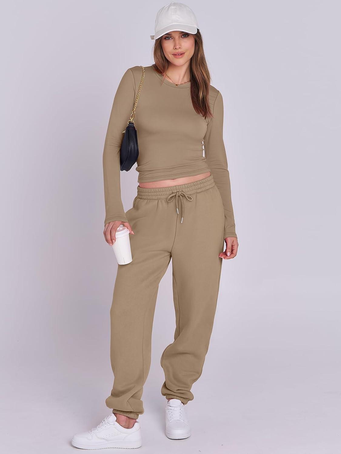 imageANRABESS Womens 2 Piece Sweatsuits Long Sleeve Tight Shirt Tops Joggers Fleece Sweatpants Sets 2025 Fall Sweat Lounge OutfitsKhaki