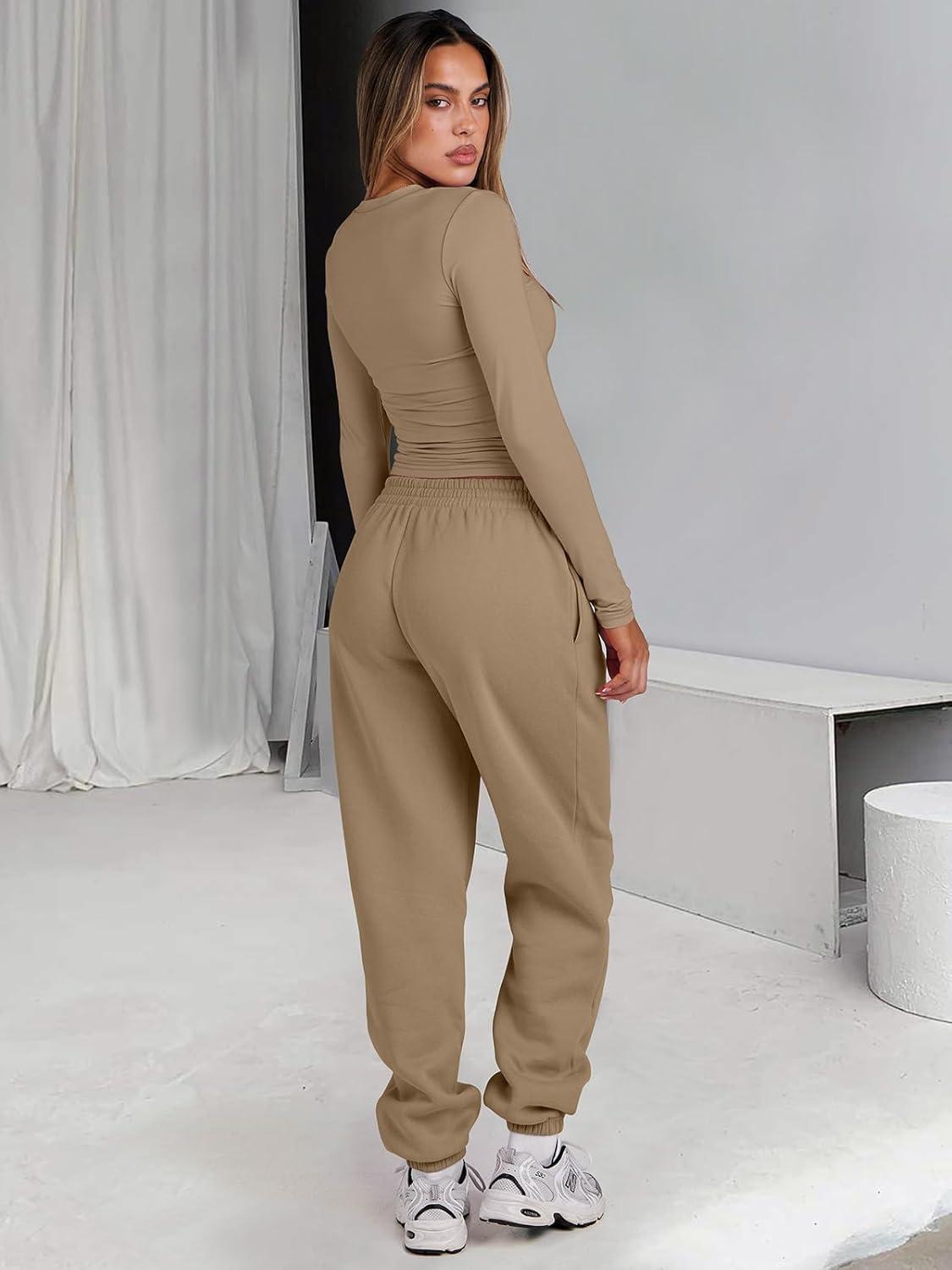 imageANRABESS Womens 2 Piece Sweatsuits Long Sleeve Tight Shirt Tops Joggers Fleece Sweatpants Sets 2025 Fall Sweat Lounge OutfitsKhaki