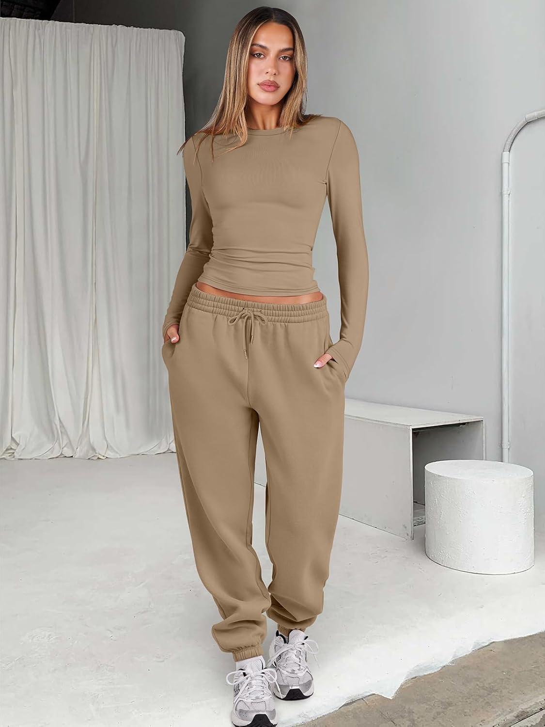 imageANRABESS Womens 2 Piece Sweatsuits Long Sleeve Tight Shirt Tops Joggers Fleece Sweatpants Sets 2025 Fall Sweat Lounge OutfitsKhaki