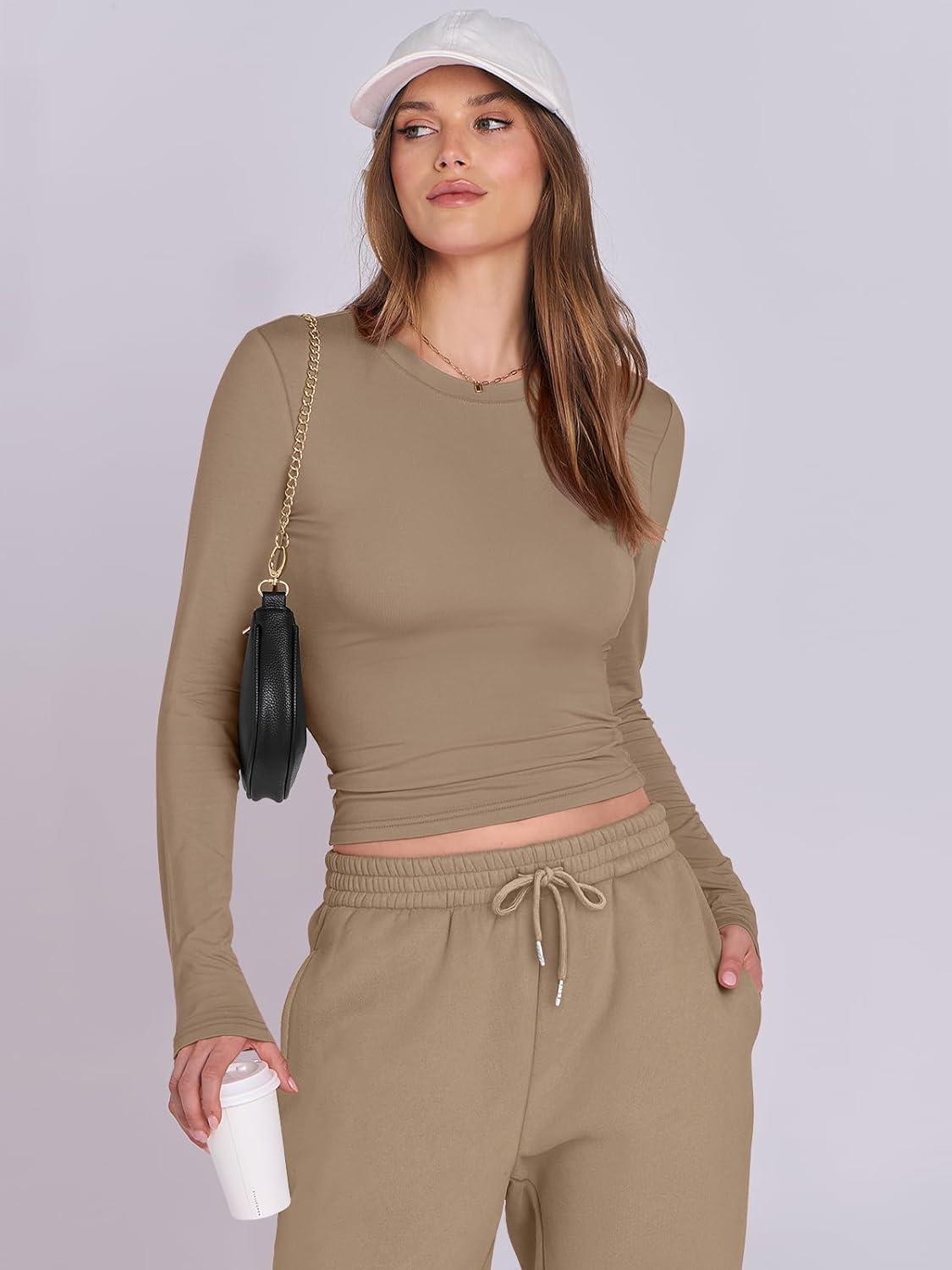 imageANRABESS Womens 2 Piece Sweatsuits Long Sleeve Tight Shirt Tops Joggers Fleece Sweatpants Sets 2025 Fall Sweat Lounge OutfitsKhaki