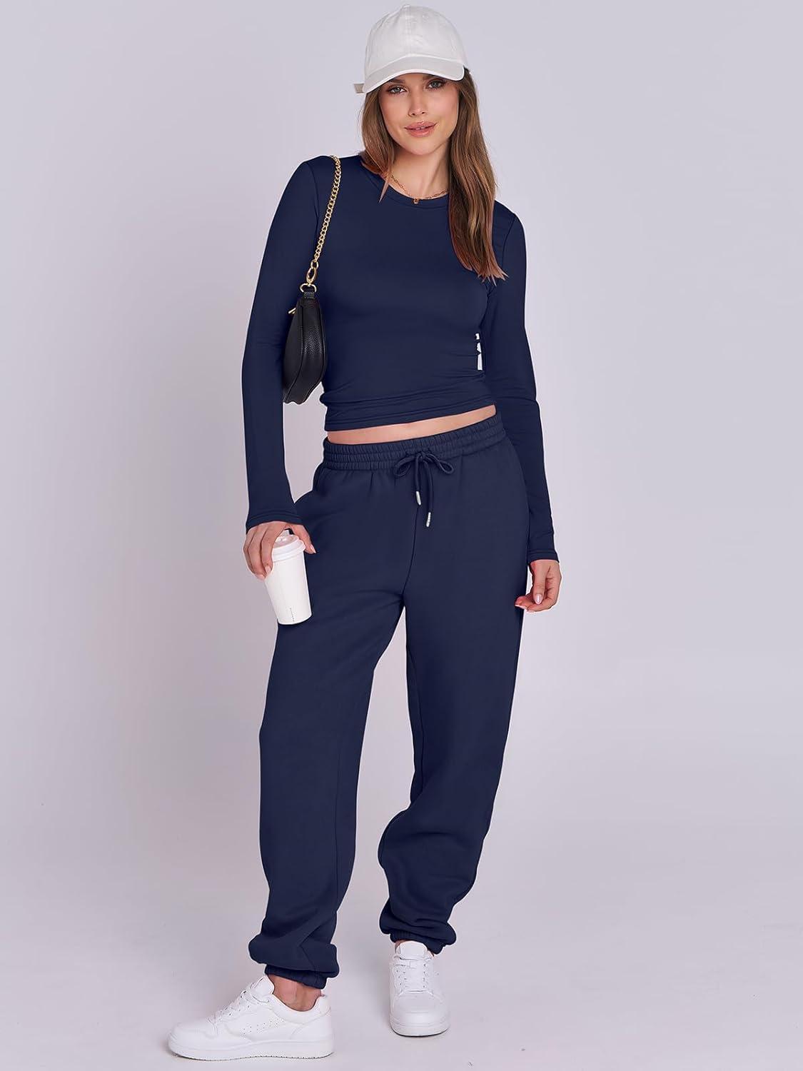 imageANRABESS Womens 2 Piece Sweatsuits Long Sleeve Tight Shirt Tops Joggers Fleece Sweatpants Sets 2025 Fall Sweat Lounge OutfitsNavy Blue