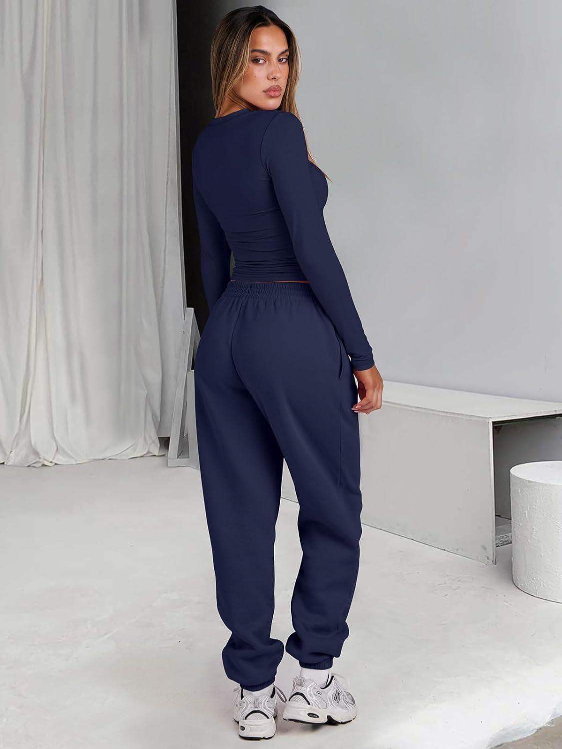 imageANRABESS Womens 2 Piece Sweatsuits Long Sleeve Tight Shirt Tops Joggers Fleece Sweatpants Sets 2025 Fall Sweat Lounge OutfitsNavy Blue