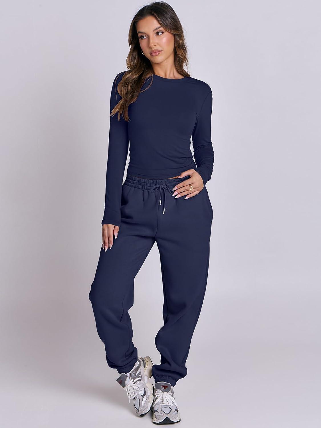 imageANRABESS Womens 2 Piece Sweatsuits Long Sleeve Tight Shirt Tops Joggers Fleece Sweatpants Sets 2025 Fall Sweat Lounge OutfitsNavy Blue