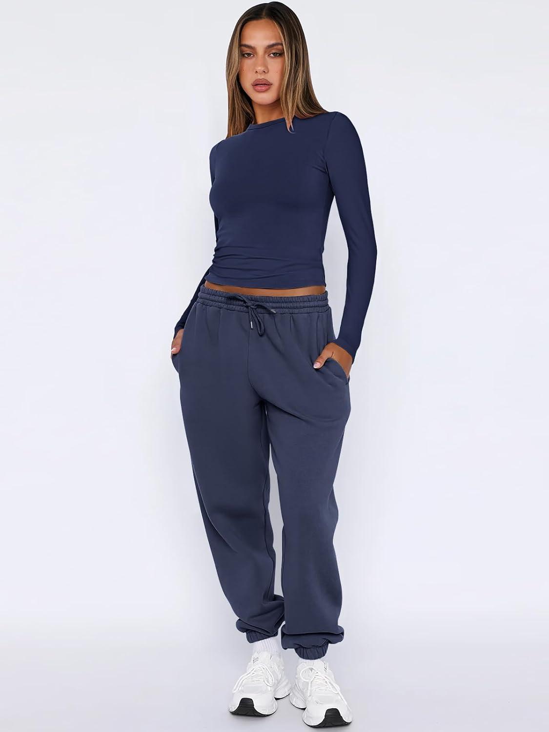 imageANRABESS Womens 2 Piece Sweatsuits Long Sleeve Tight Shirt Tops Joggers Fleece Sweatpants Sets 2025 Fall Sweat Lounge OutfitsNavy Blue