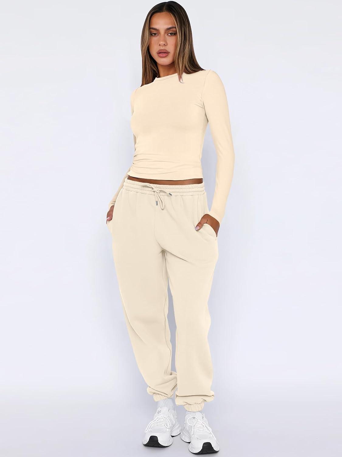 imageANRABESS Womens 2 Piece Sweatsuits Long Sleeve Tight Shirt Tops Joggers Fleece Sweatpants Sets 2025 Fall Sweat Lounge OutfitsYellow Apricot