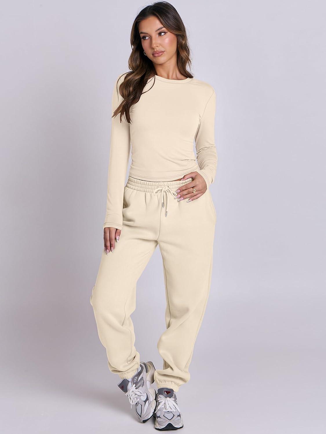 imageANRABESS Womens 2 Piece Sweatsuits Long Sleeve Tight Shirt Tops Joggers Fleece Sweatpants Sets 2025 Fall Sweat Lounge OutfitsYellow Apricot