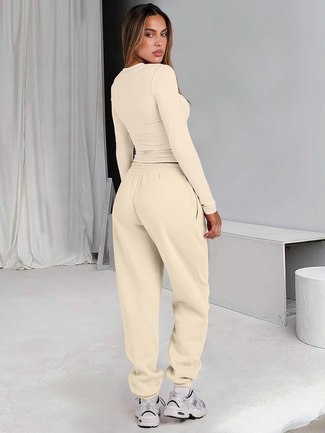 imageANRABESS Womens 2 Piece Sweatsuits Long Sleeve Tight Shirt Tops Joggers Fleece Sweatpants Sets 2025 Fall Sweat Lounge OutfitsYellow Apricot