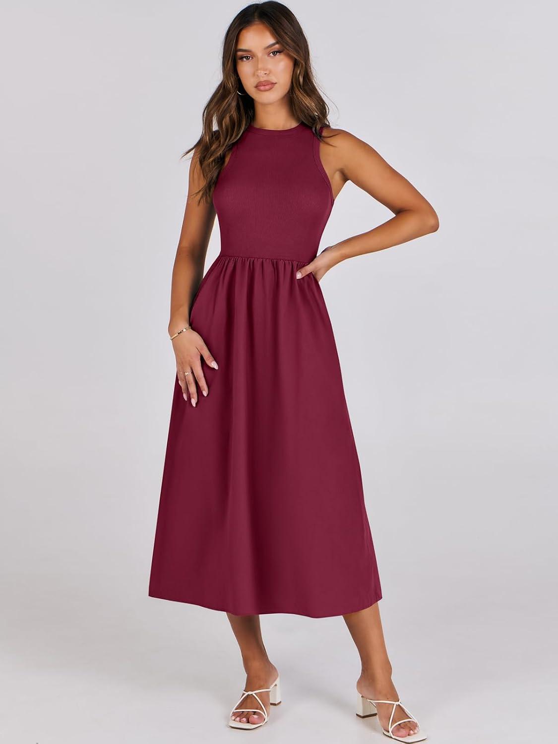 imageANRABESS Womens 2025 Summer Casual Maxi Dress A line Tiered Flowy Short Sleeve Crewneck T Shirt Beach Travel Long DressesBurgundy