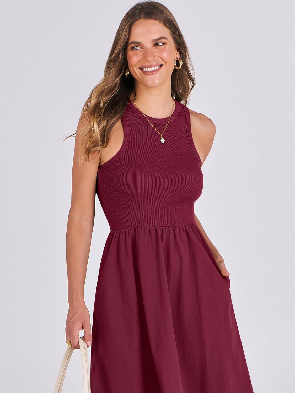 imageANRABESS Womens 2025 Summer Casual Maxi Dress A line Tiered Flowy Short Sleeve Crewneck T Shirt Beach Travel Long DressesBurgundy