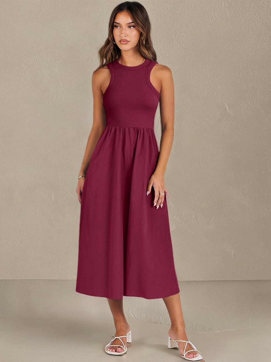 imageANRABESS Womens 2025 Summer Casual Maxi Dress A line Tiered Flowy Short Sleeve Crewneck T Shirt Beach Travel Long DressesBurgundy
