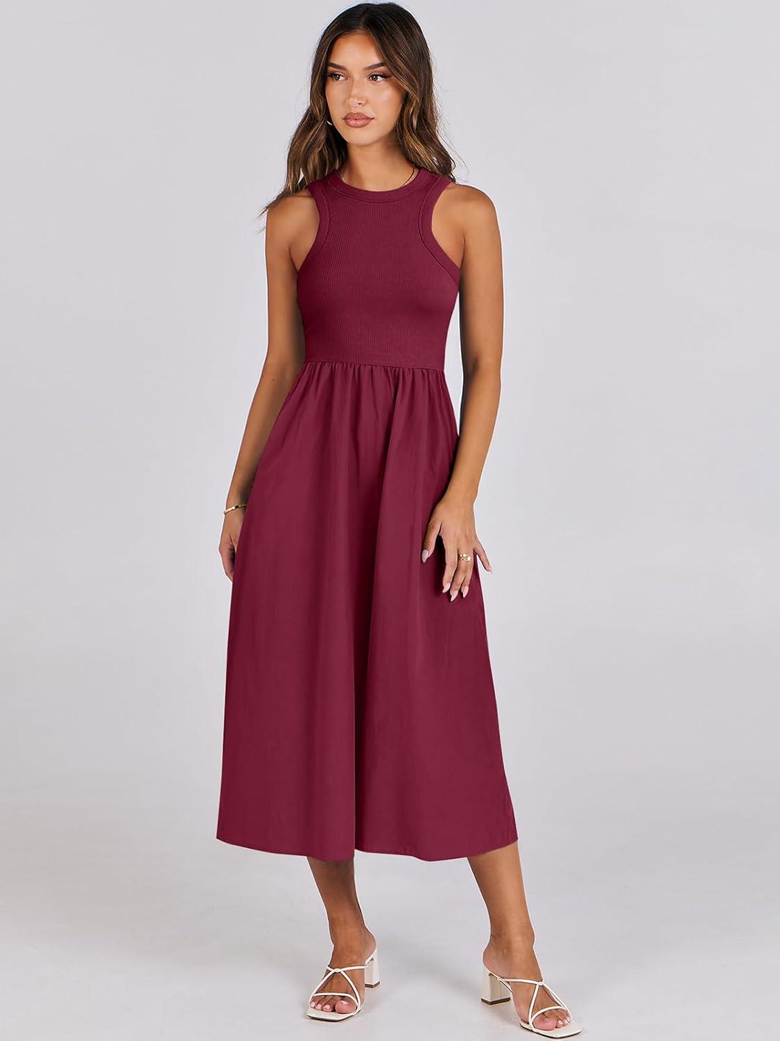 imageANRABESS Womens 2025 Summer Casual Maxi Dress A line Tiered Flowy Short Sleeve Crewneck T Shirt Beach Travel Long DressesBurgundy