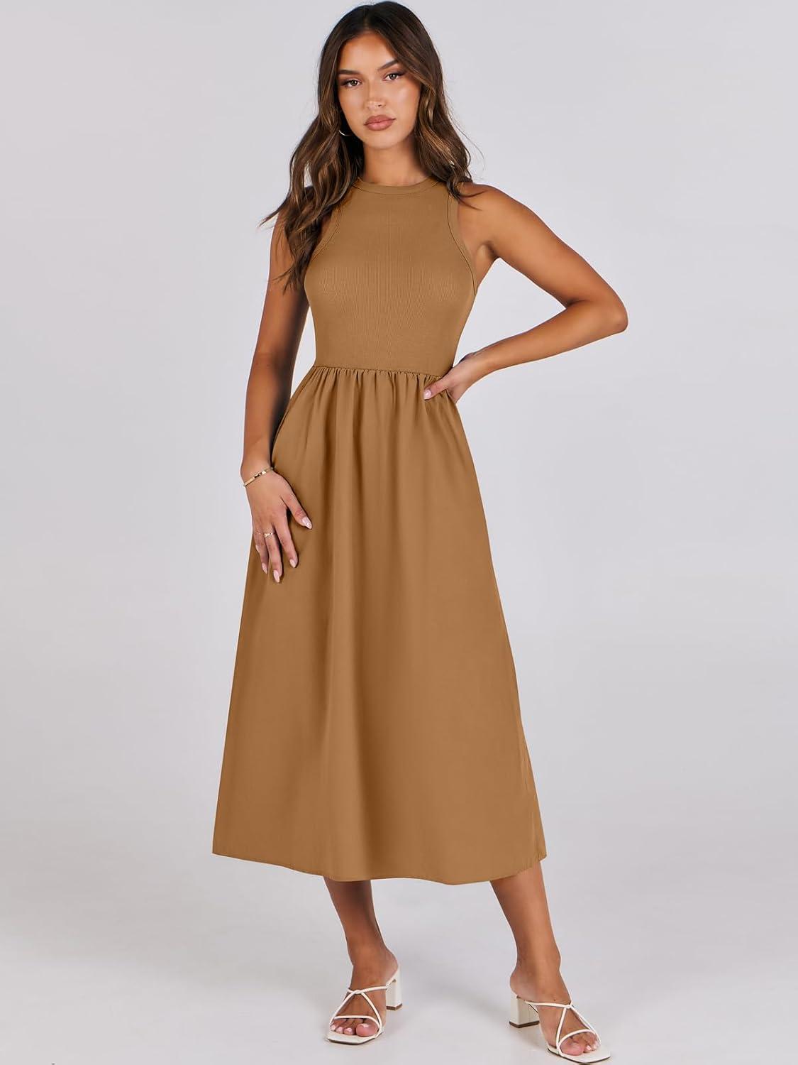 imageANRABESS Womens 2025 Summer Casual Maxi Dress A line Tiered Flowy Short Sleeve Crewneck T Shirt Beach Travel Long DressesCaramel