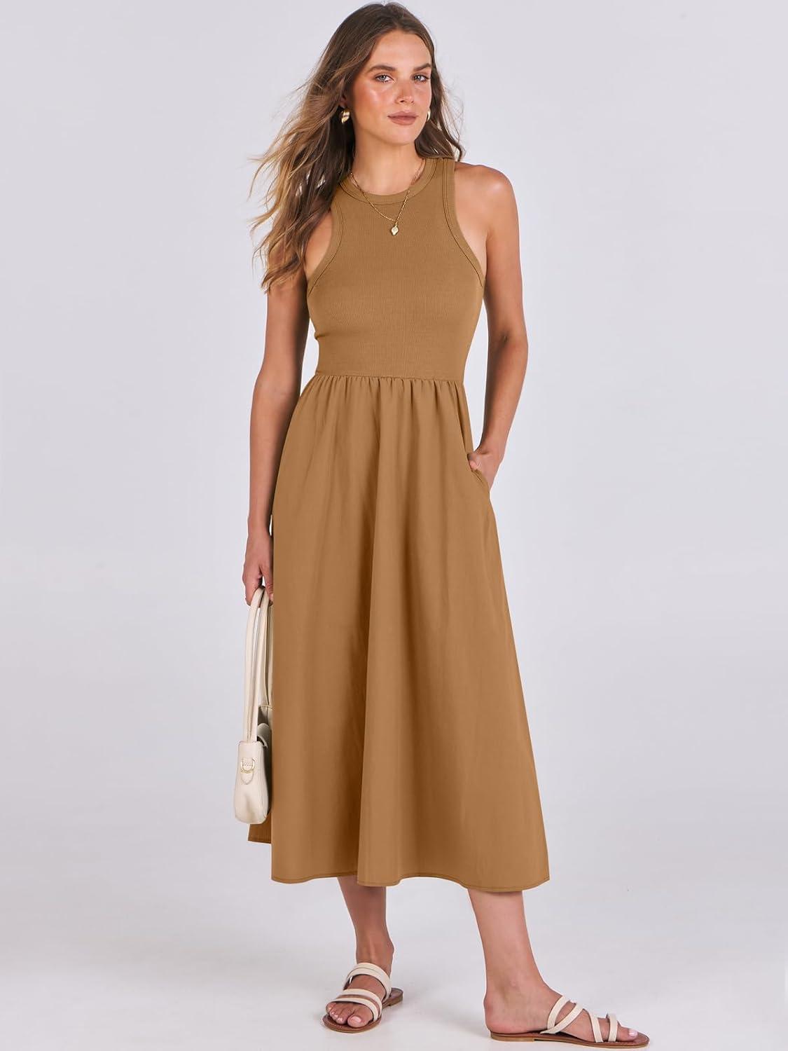 imageANRABESS Womens 2025 Summer Casual Maxi Dress A line Tiered Flowy Short Sleeve Crewneck T Shirt Beach Travel Long DressesCaramel