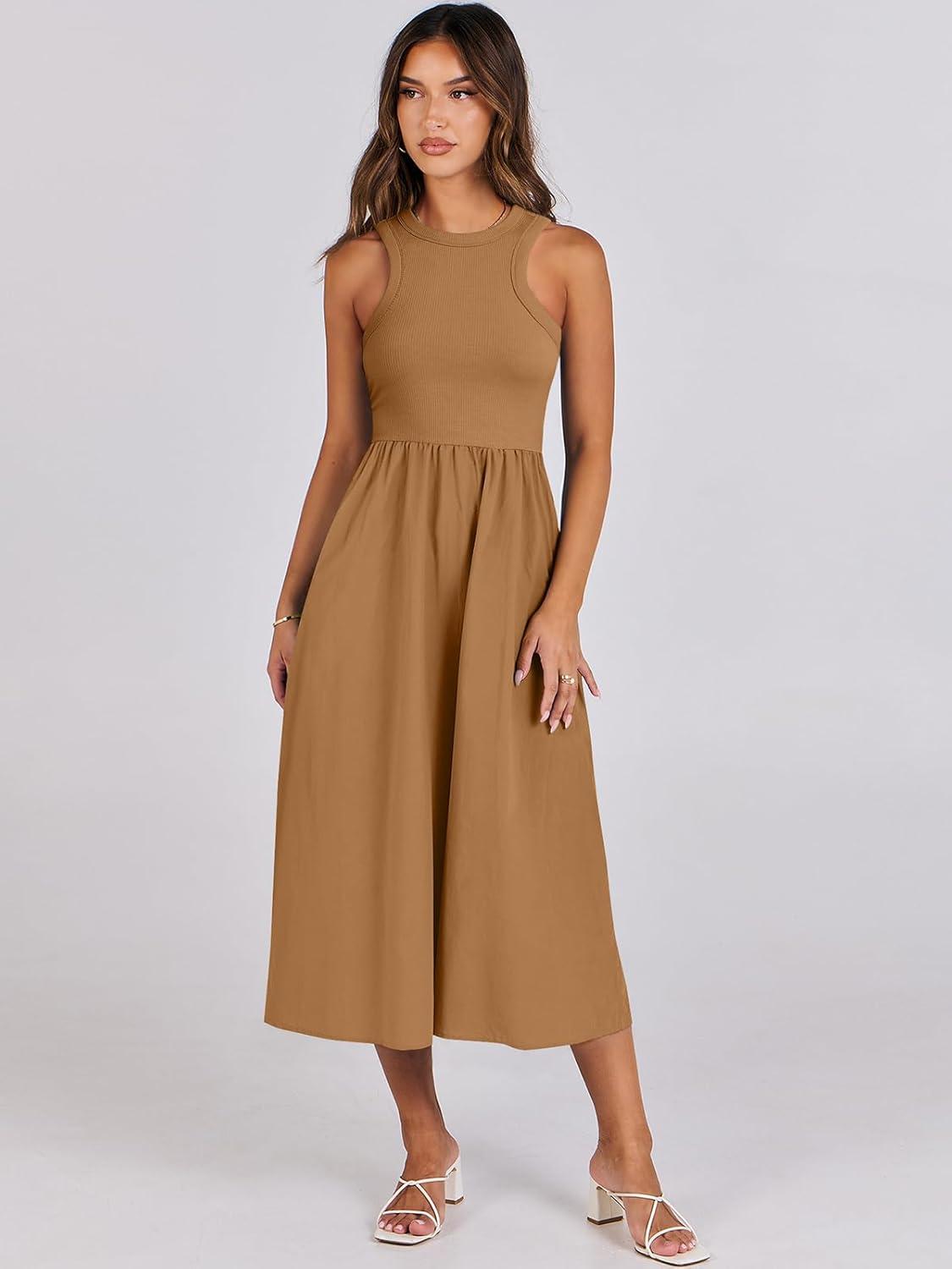 imageANRABESS Womens 2025 Summer Casual Maxi Dress A line Tiered Flowy Short Sleeve Crewneck T Shirt Beach Travel Long DressesCaramel