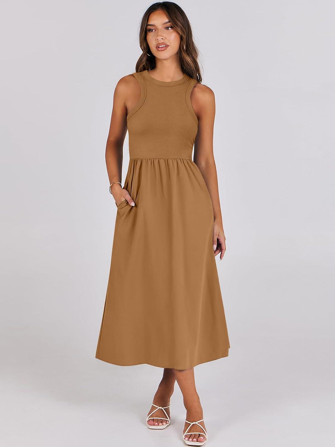 imageANRABESS Womens 2025 Summer Casual Maxi Dress A line Tiered Flowy Short Sleeve Crewneck T Shirt Beach Travel Long DressesCaramel