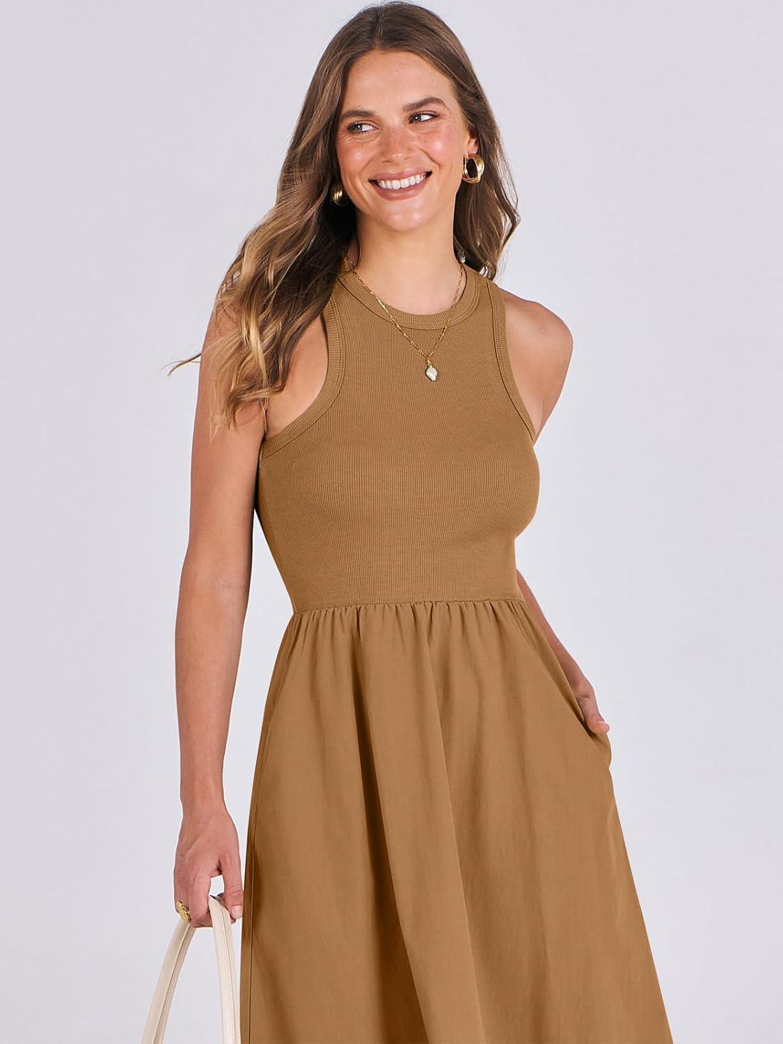 imageANRABESS Womens 2025 Summer Casual Maxi Dress A line Tiered Flowy Short Sleeve Crewneck T Shirt Beach Travel Long DressesCaramel