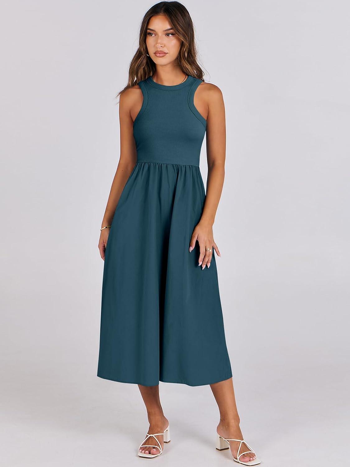 imageANRABESS Womens 2025 Summer Casual Maxi Dress A line Tiered Flowy Short Sleeve Crewneck T Shirt Beach Travel Long DressesCyan