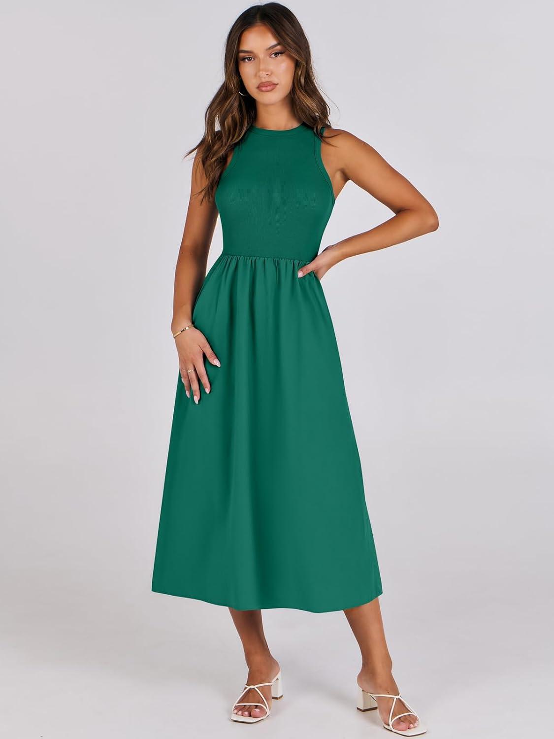 imageANRABESS Womens 2025 Summer Casual Maxi Dress A line Tiered Flowy Short Sleeve Crewneck T Shirt Beach Travel Long DressesDark Green