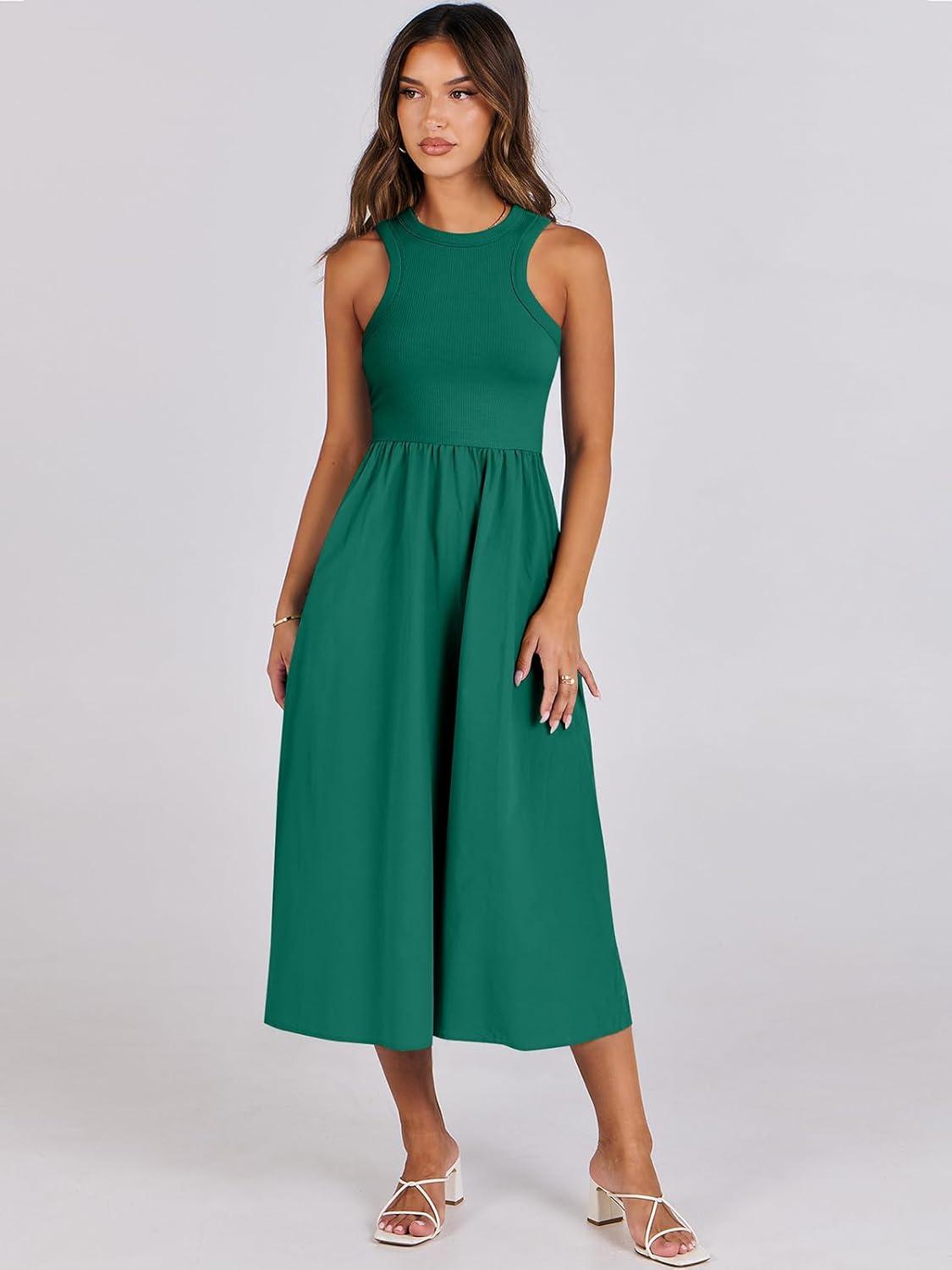 imageANRABESS Womens 2025 Summer Casual Maxi Dress A line Tiered Flowy Short Sleeve Crewneck T Shirt Beach Travel Long DressesDark Green