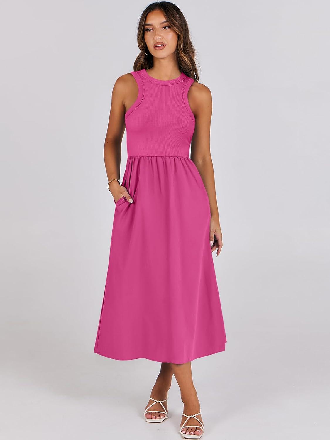 imageANRABESS Womens 2025 Summer Casual Maxi Dress A line Tiered Flowy Short Sleeve Crewneck T Shirt Beach Travel Long DressesHot Pink