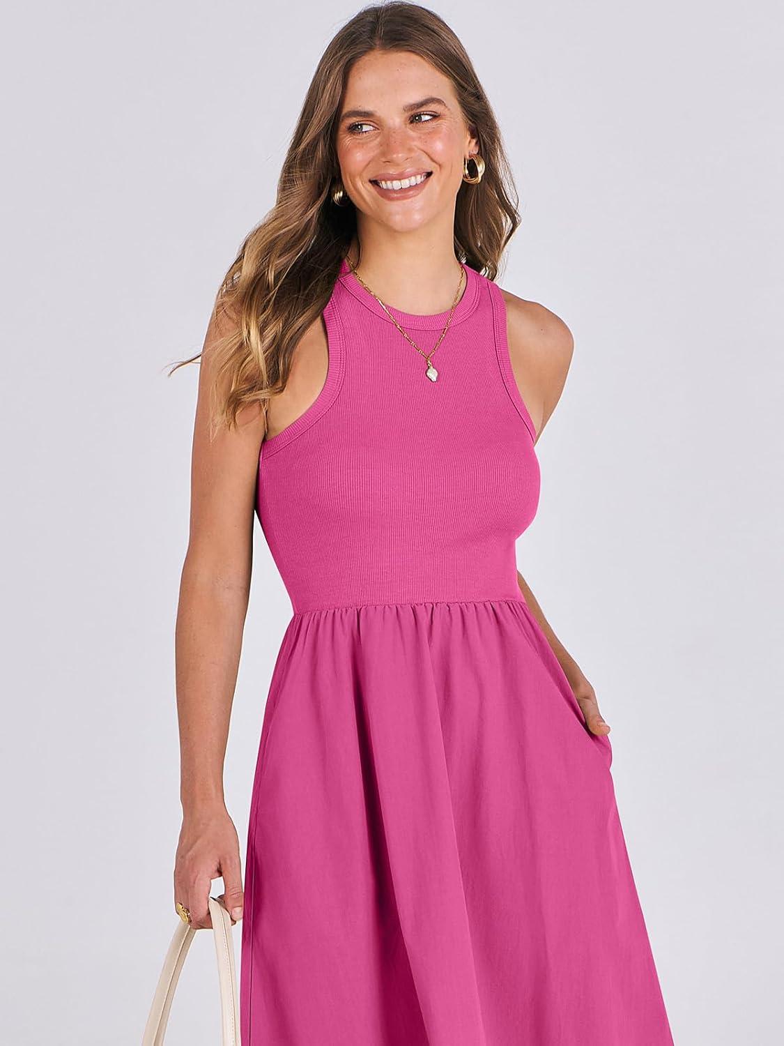 imageANRABESS Womens 2025 Summer Casual Maxi Dress A line Tiered Flowy Short Sleeve Crewneck T Shirt Beach Travel Long DressesHot Pink