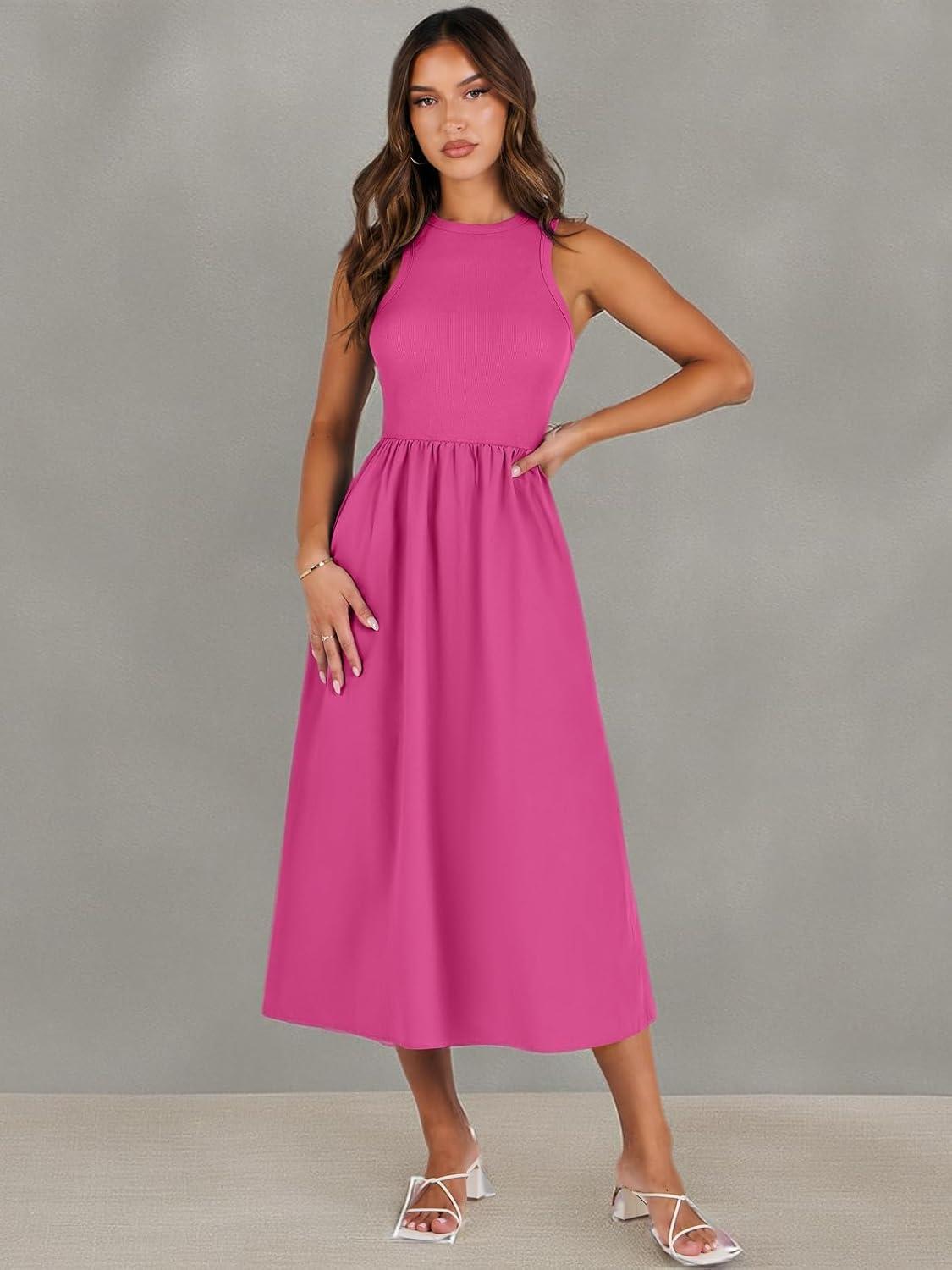 imageANRABESS Womens 2025 Summer Casual Maxi Dress A line Tiered Flowy Short Sleeve Crewneck T Shirt Beach Travel Long DressesHot Pink