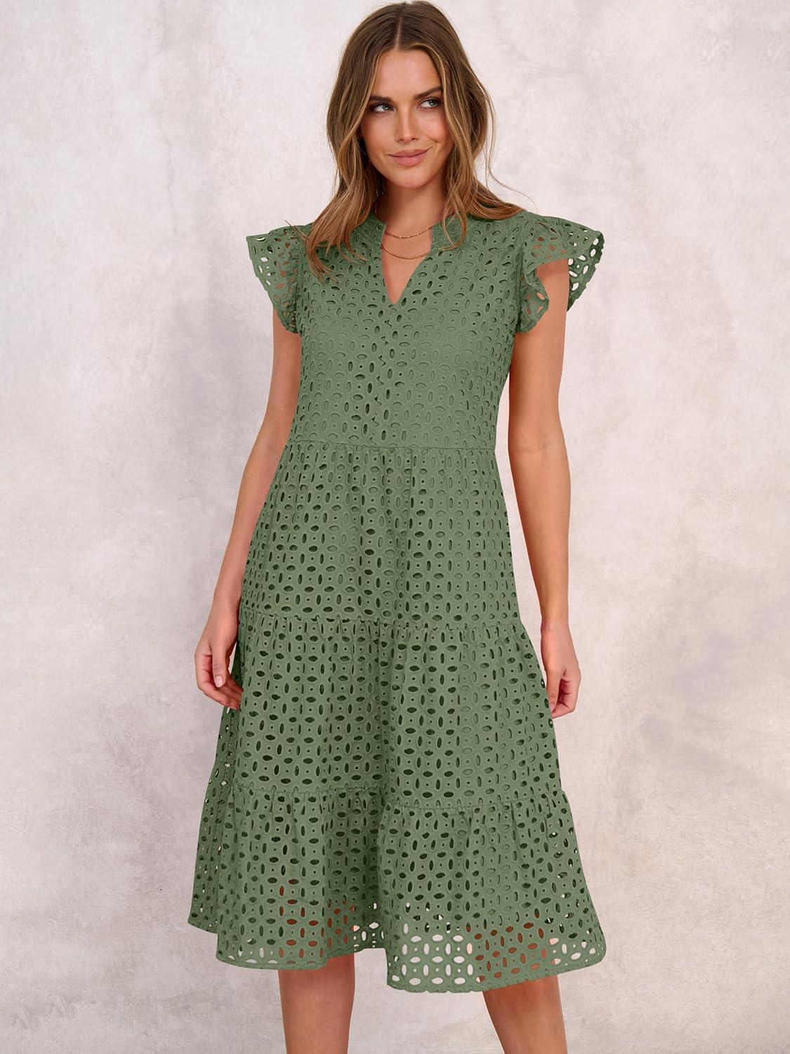 imageANRABESS Womens 2025 Summer Midi Dress Hollow Out Eyelet Ruffle Sleeve V Neck Casual Flowy Tiered Beach Vacation SundressArmy Green