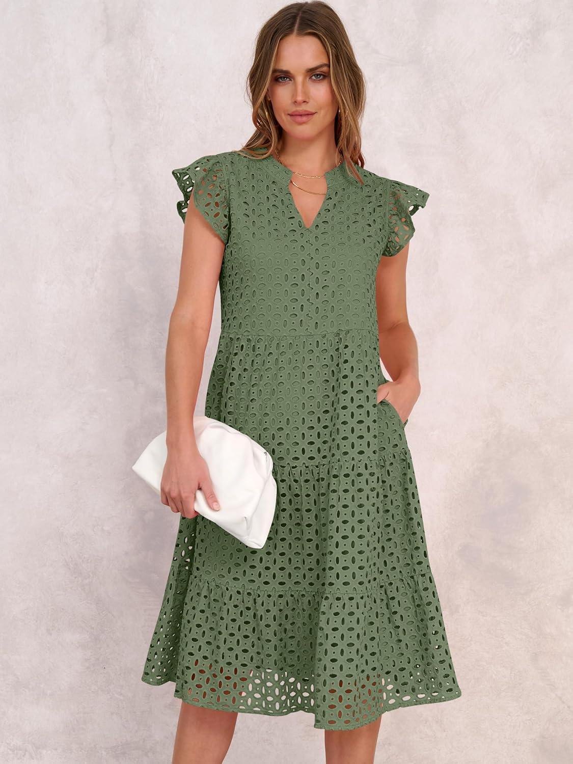 imageANRABESS Womens 2025 Summer Midi Dress Hollow Out Eyelet Ruffle Sleeve V Neck Casual Flowy Tiered Beach Vacation SundressArmy Green