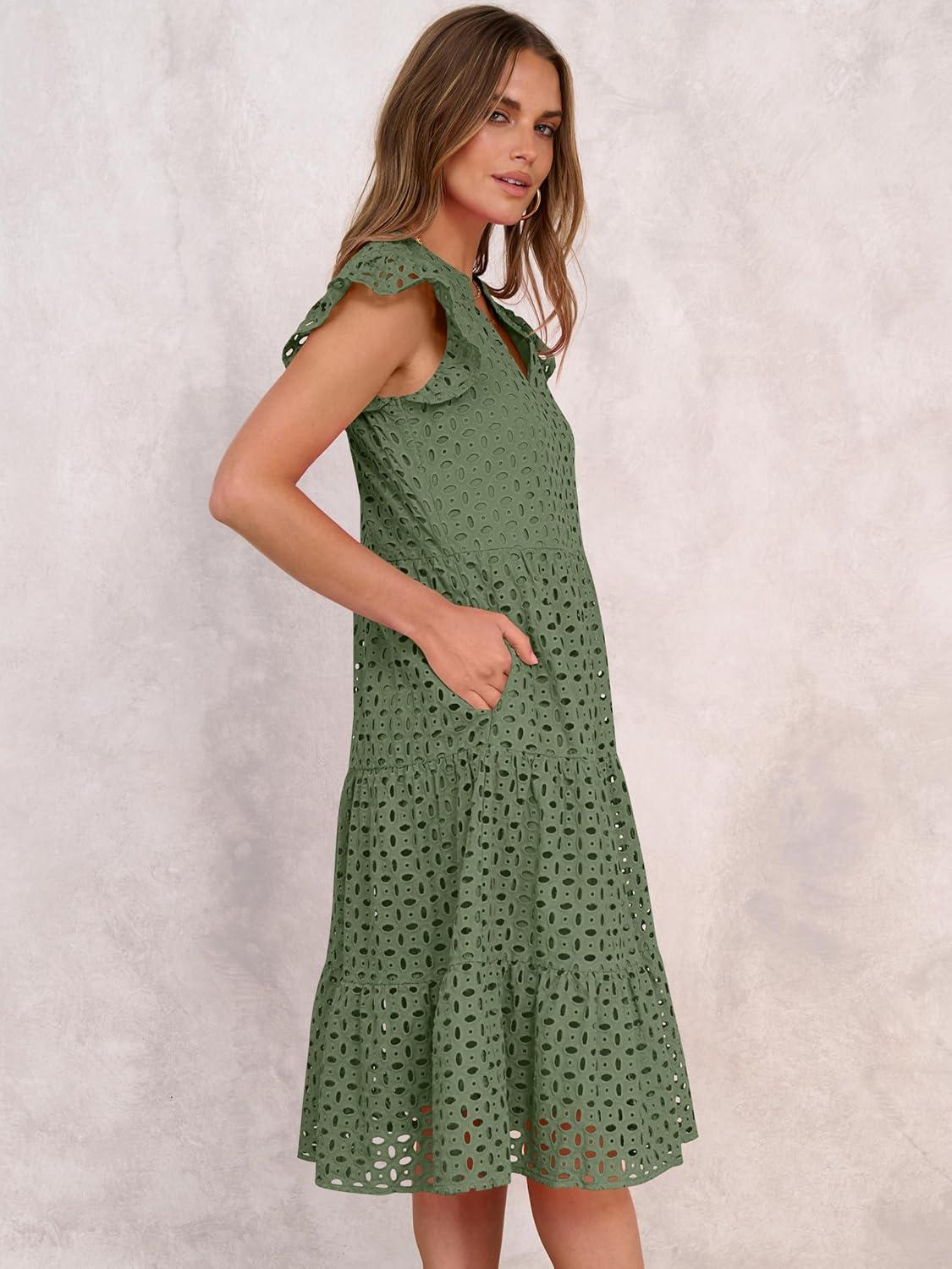 imageANRABESS Womens 2025 Summer Midi Dress Hollow Out Eyelet Ruffle Sleeve V Neck Casual Flowy Tiered Beach Vacation SundressArmy Green