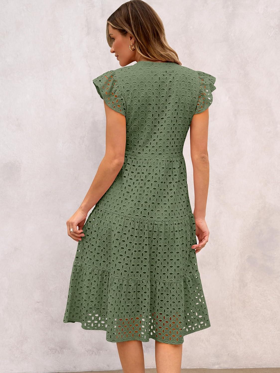 imageANRABESS Womens 2025 Summer Midi Dress Hollow Out Eyelet Ruffle Sleeve V Neck Casual Flowy Tiered Beach Vacation SundressArmy Green