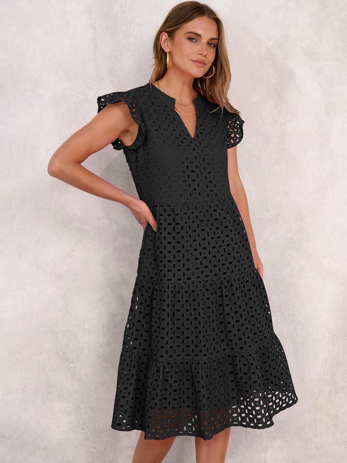 imageANRABESS Womens 2025 Summer Midi Dress Hollow Out Eyelet Ruffle Sleeve V Neck Casual Flowy Tiered Beach Vacation SundressBlack