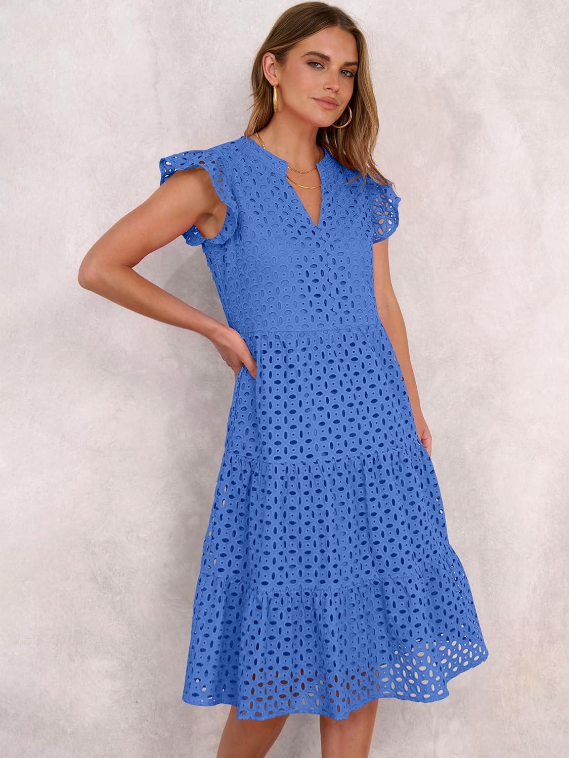 imageANRABESS Womens 2025 Summer Midi Dress Hollow Out Eyelet Ruffle Sleeve V Neck Casual Flowy Tiered Beach Vacation SundressBlue