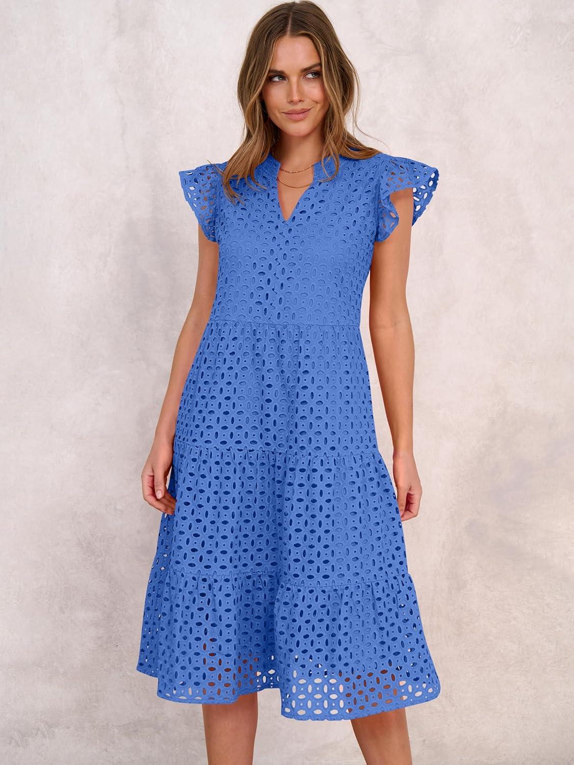 imageANRABESS Womens 2025 Summer Midi Dress Hollow Out Eyelet Ruffle Sleeve V Neck Casual Flowy Tiered Beach Vacation SundressBlue