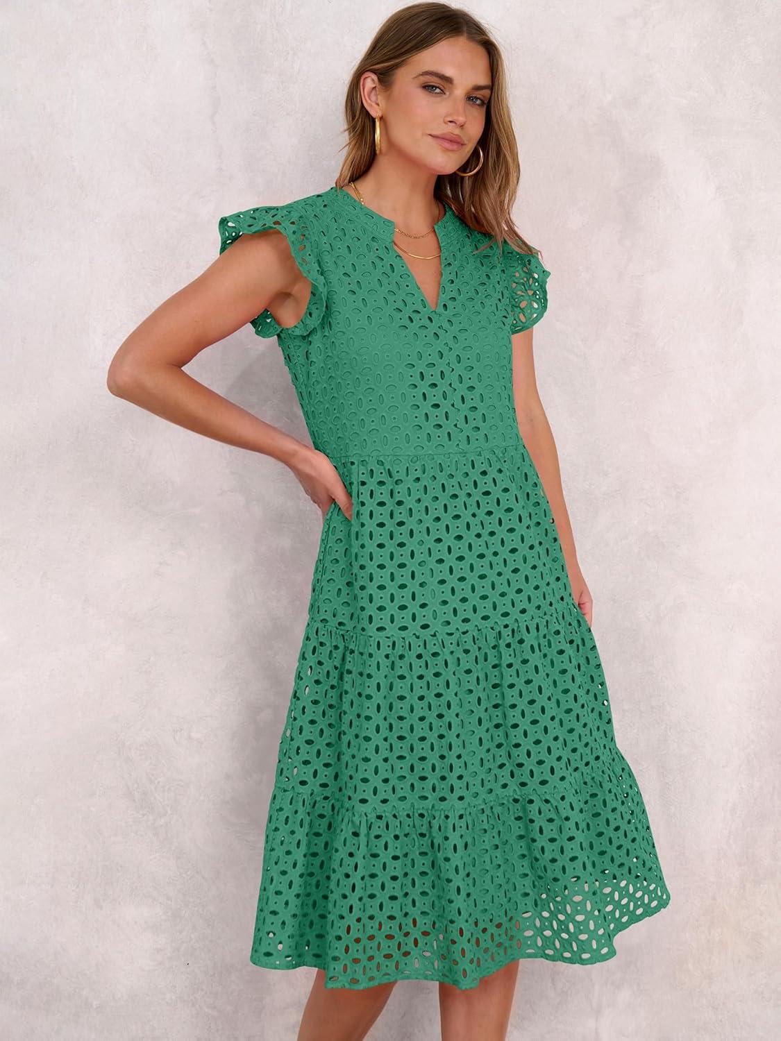 imageANRABESS Womens 2025 Summer Midi Dress Hollow Out Eyelet Ruffle Sleeve V Neck Casual Flowy Tiered Beach Vacation SundressDark Green