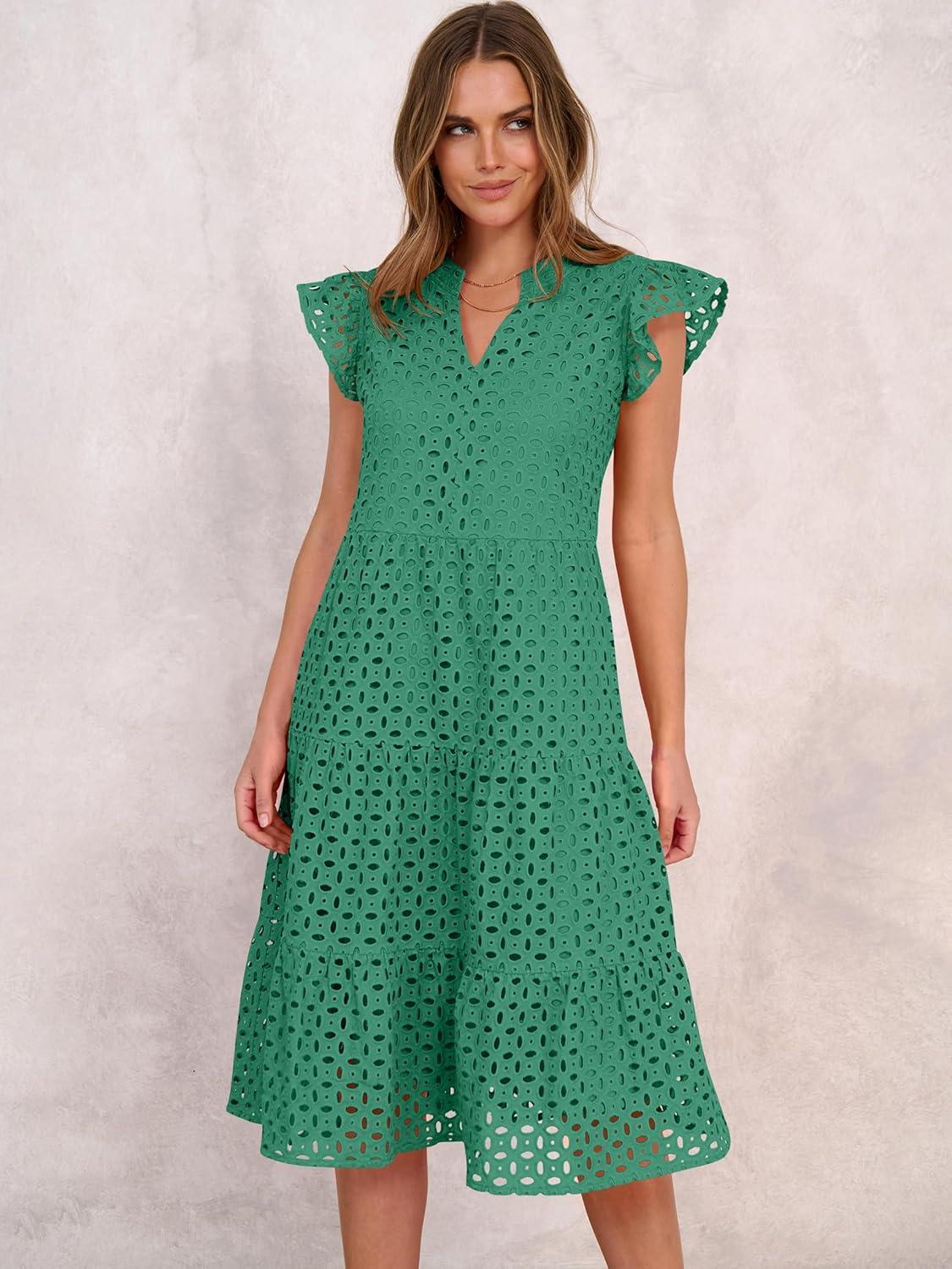 imageANRABESS Womens 2025 Summer Midi Dress Hollow Out Eyelet Ruffle Sleeve V Neck Casual Flowy Tiered Beach Vacation SundressDark Green
