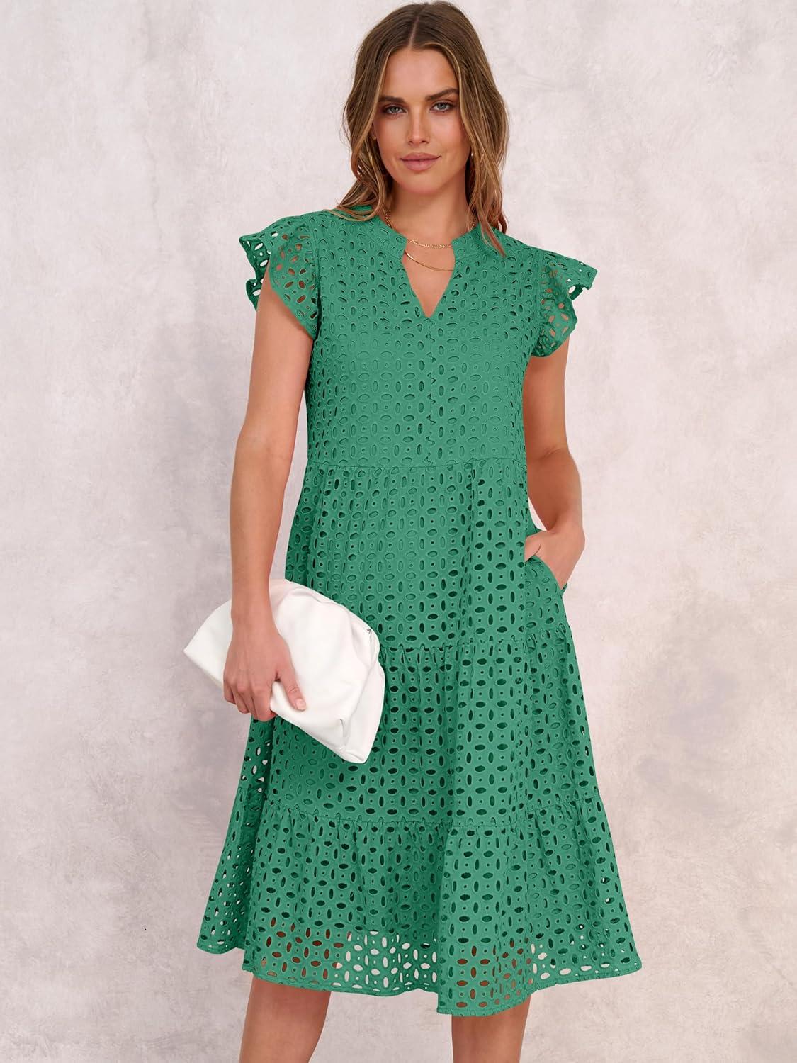 imageANRABESS Womens 2025 Summer Midi Dress Hollow Out Eyelet Ruffle Sleeve V Neck Casual Flowy Tiered Beach Vacation SundressDark Green