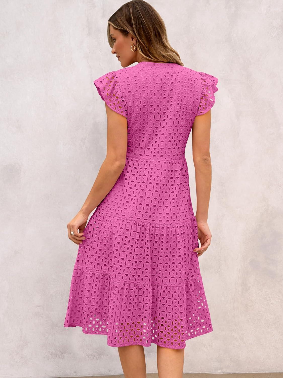 imageANRABESS Womens 2025 Summer Midi Dress Hollow Out Eyelet Ruffle Sleeve V Neck Casual Flowy Tiered Beach Vacation SundressHot Pink