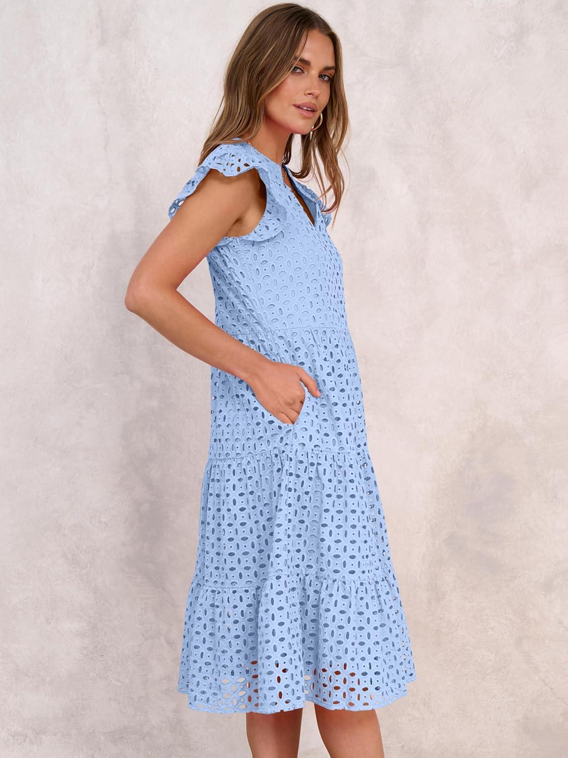 imageANRABESS Womens 2025 Summer Midi Dress Hollow Out Eyelet Ruffle Sleeve V Neck Casual Flowy Tiered Beach Vacation SundressLight Blue