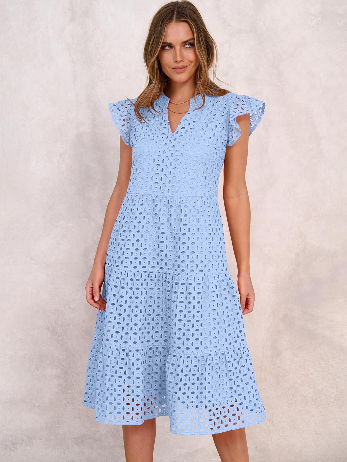 imageANRABESS Womens 2025 Summer Midi Dress Hollow Out Eyelet Ruffle Sleeve V Neck Casual Flowy Tiered Beach Vacation SundressLight Blue