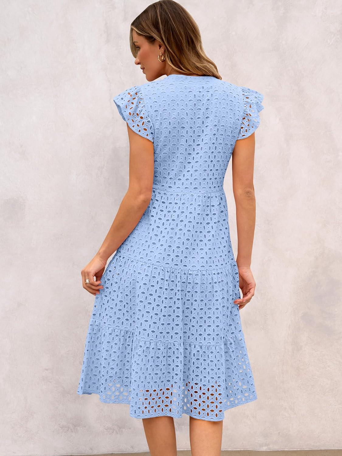 imageANRABESS Womens 2025 Summer Midi Dress Hollow Out Eyelet Ruffle Sleeve V Neck Casual Flowy Tiered Beach Vacation SundressLight Blue