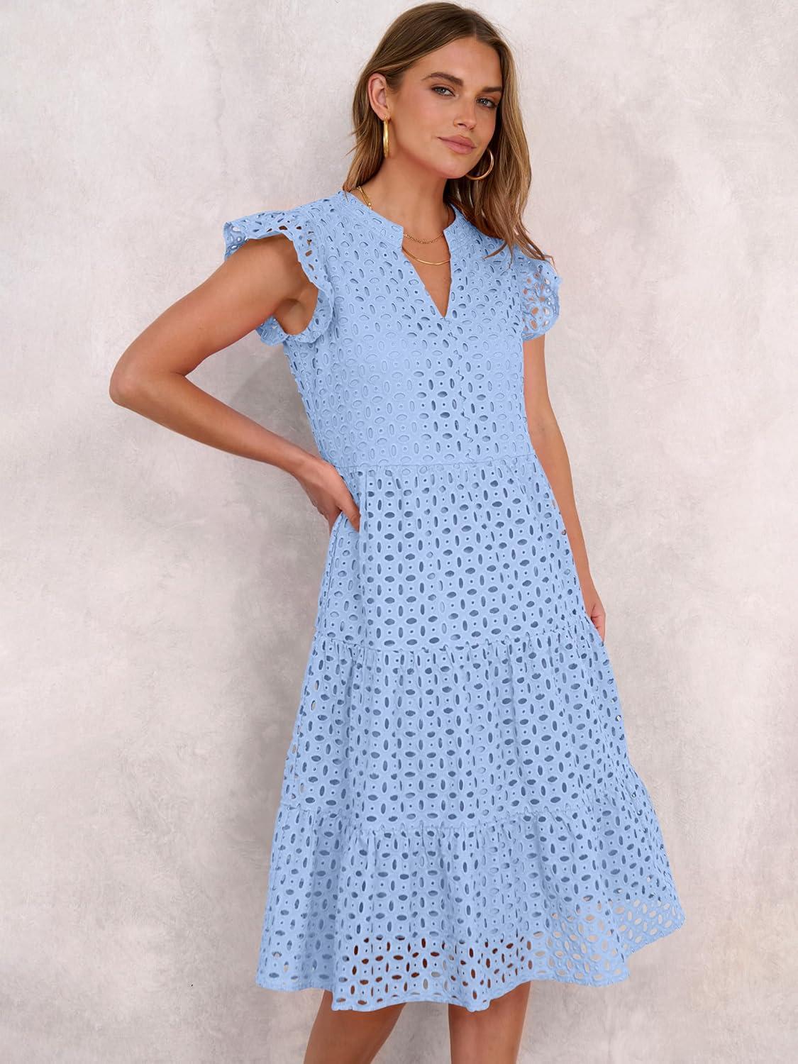 imageANRABESS Womens 2025 Summer Midi Dress Hollow Out Eyelet Ruffle Sleeve V Neck Casual Flowy Tiered Beach Vacation SundressLight Blue