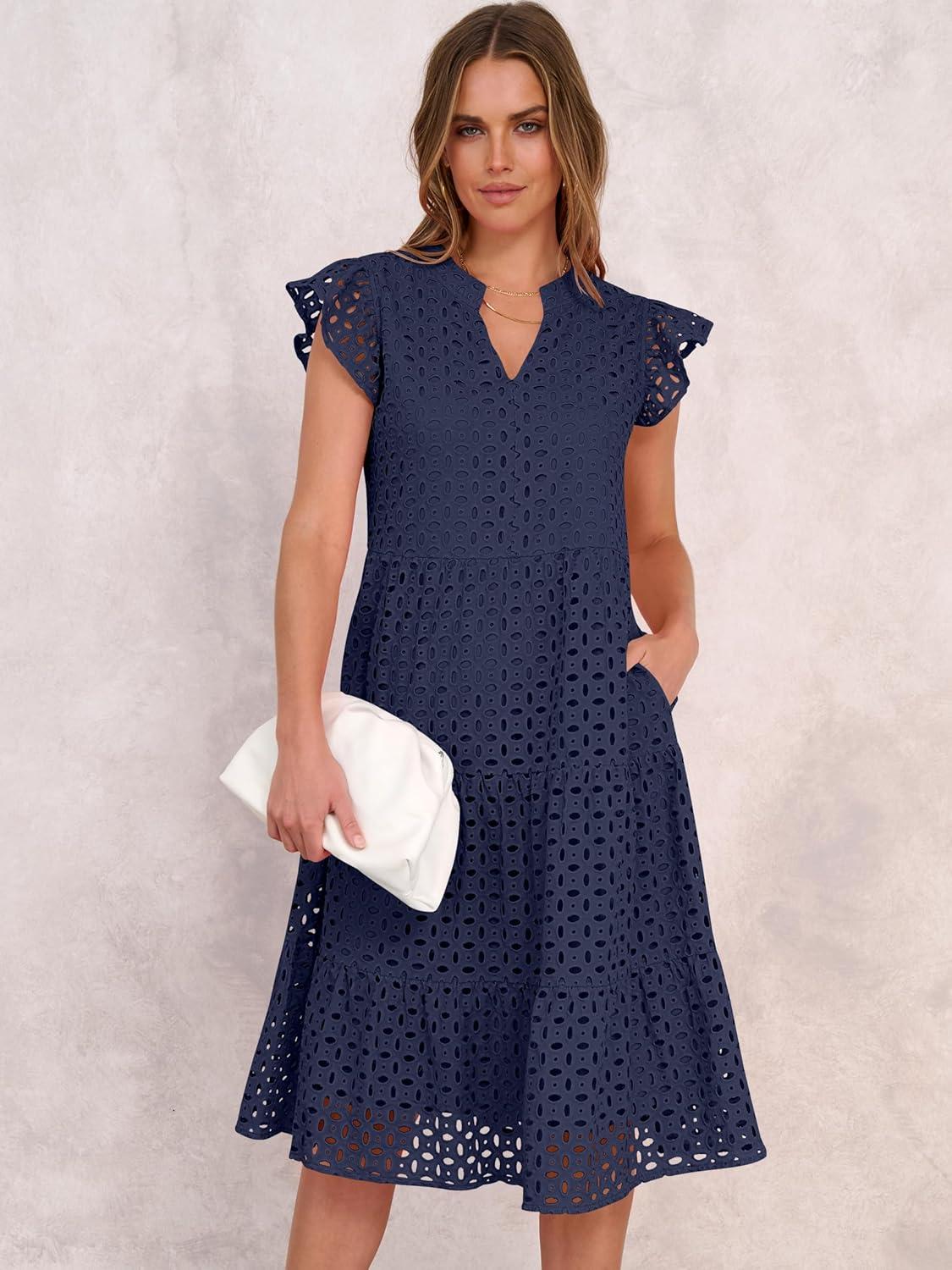 imageANRABESS Womens 2025 Summer Midi Dress Hollow Out Eyelet Ruffle Sleeve V Neck Casual Flowy Tiered Beach Vacation SundressNavy Blue