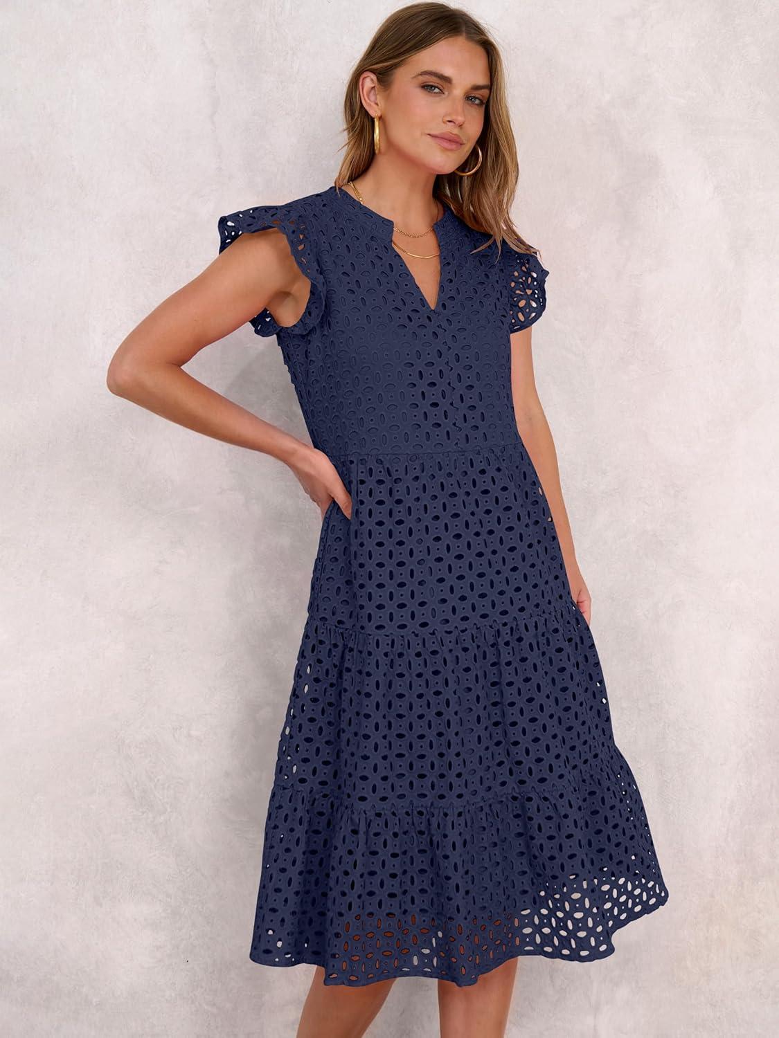 imageANRABESS Womens 2025 Summer Midi Dress Hollow Out Eyelet Ruffle Sleeve V Neck Casual Flowy Tiered Beach Vacation SundressNavy Blue