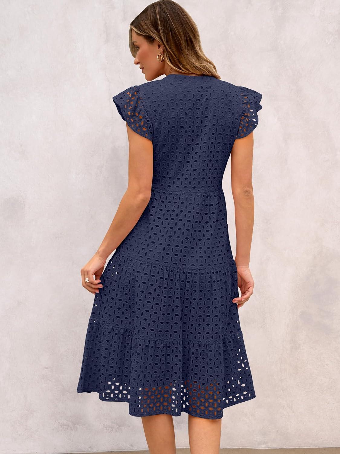imageANRABESS Womens 2025 Summer Midi Dress Hollow Out Eyelet Ruffle Sleeve V Neck Casual Flowy Tiered Beach Vacation SundressNavy Blue